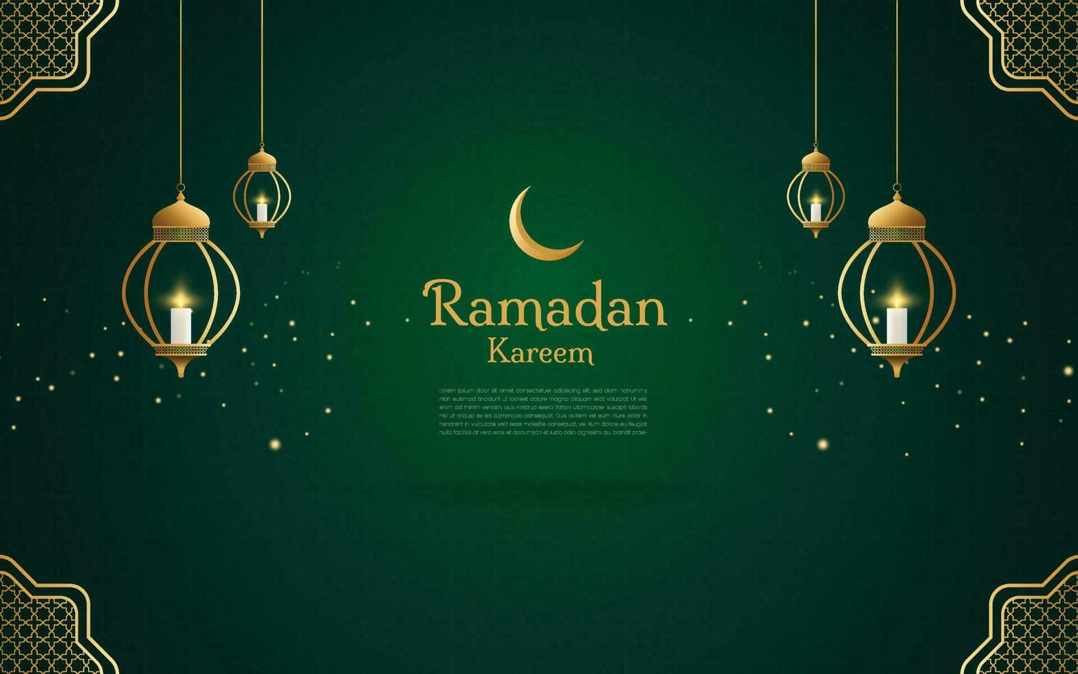 ramadan tema lyx bakgrund med grön Färg dekorerad med typisk arabicum lampa ornament. vektor