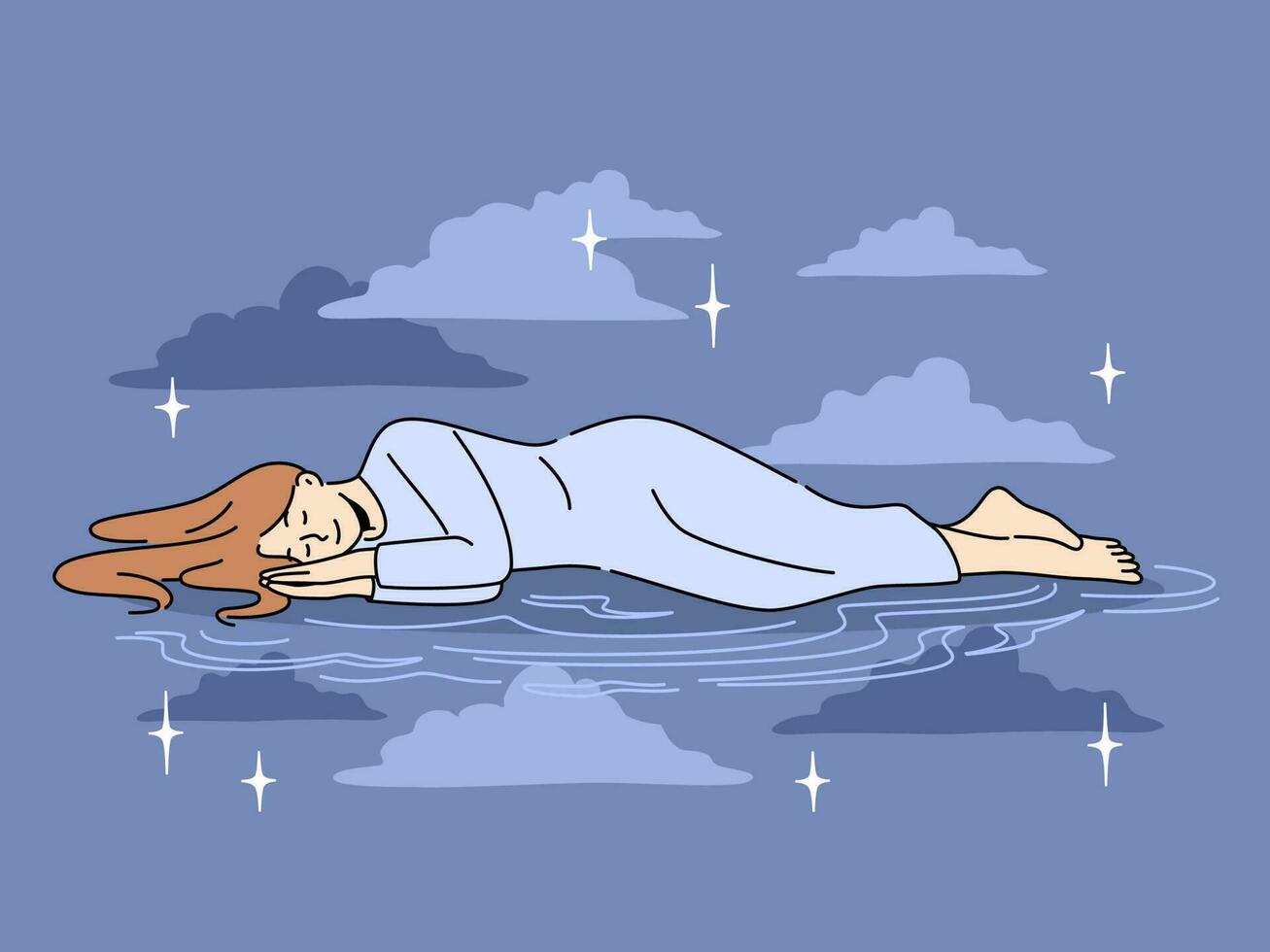 lugna kvinna liggande sovande i Plats bland stjärnor. avslappnad flicka njuter fredlig sömn i mörk natt himmel. dagdrömma och avslappning. vektor illustration.