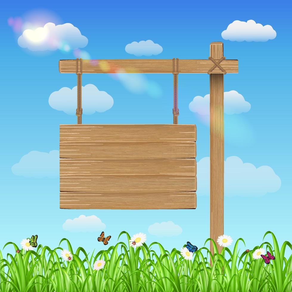 Holzbrettschild mit Gras und Himmel hängen vektor