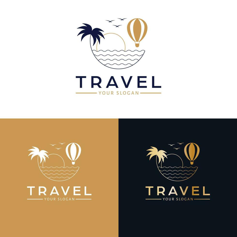 Reise Vektor Symbol Design. heiß Luft Ballon, Wellen und Palme Logotyp. tropisch Logo Vorlage.