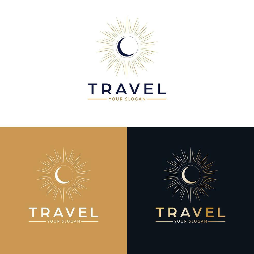 Reise Vektor Logo Design. Mond und Sonne Bohemien Logotyp. Halbmond und Strahlen Logo Vorlage.