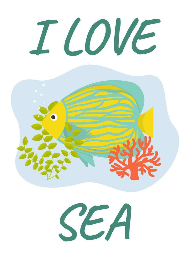 Vektor Illustration. Sommer- Postkarte Vorlage ich Liebe das Meer mit Fisch.
