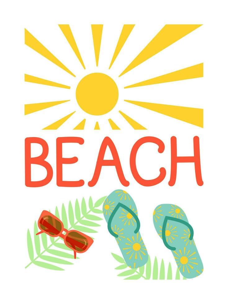 Vektor Illustration. Sommer- Karte Vorlage mit Hand Beschriftung Strand. Sonne, Sonne Gläser, Strand Schuhe, Pflanzen.