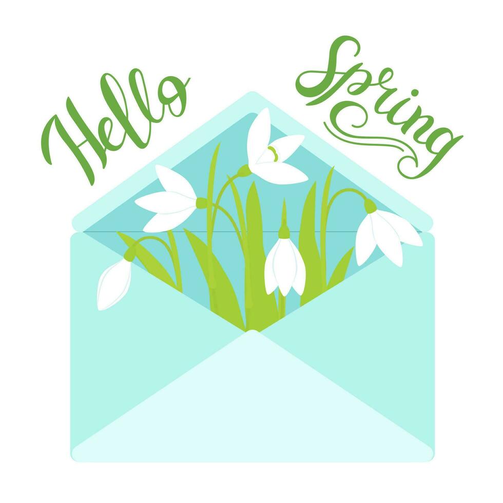 Vektor Illustration. Hand Beschriftung Hallo Frühling. Schneeglöckchen Blumen im ein Blau Teppich. Frühling Komposition