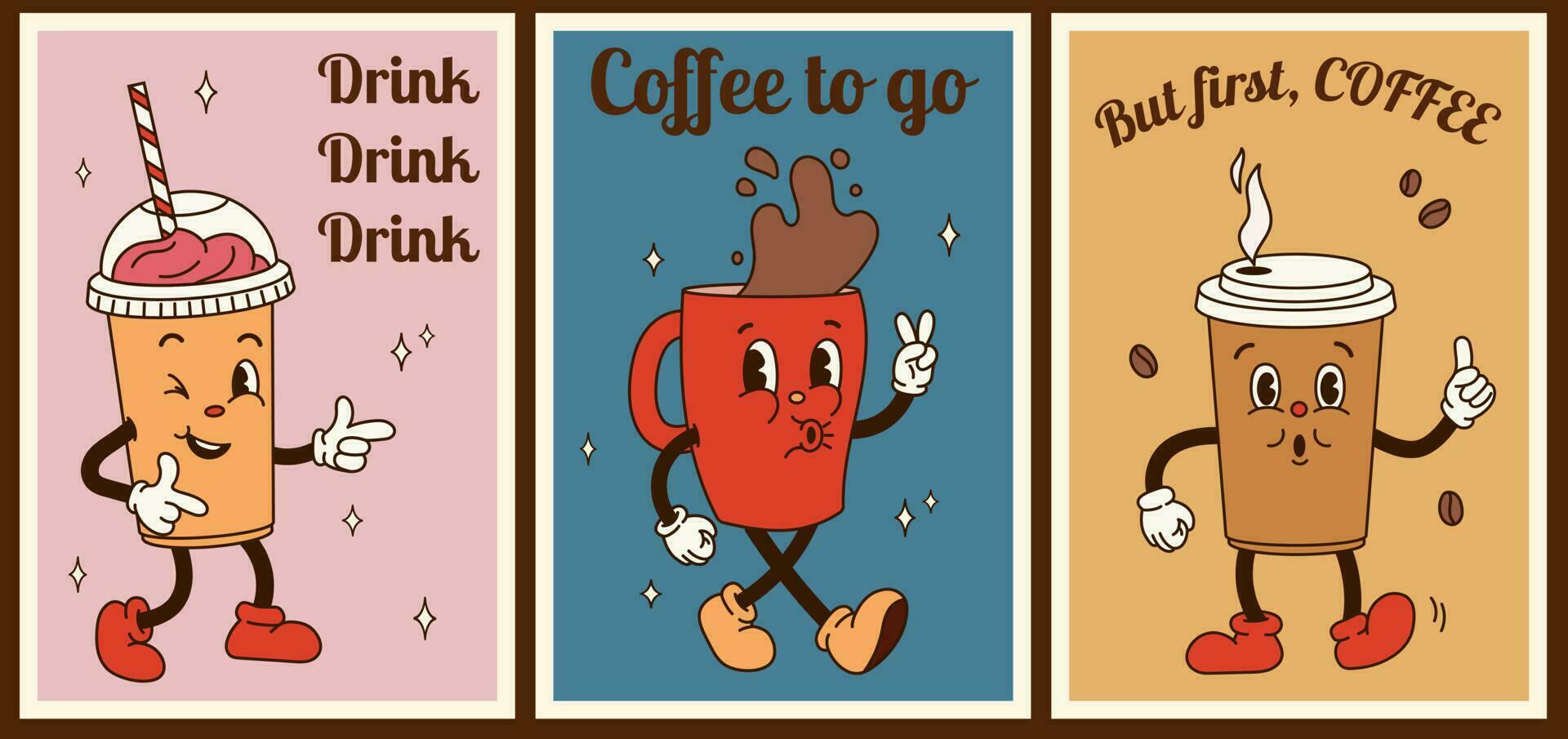 uppsättning 3 posters med häftig kaffe tecken med motivering citat i retro tecknad serie stil av 60s 70-tal. platt vektor illustration.
