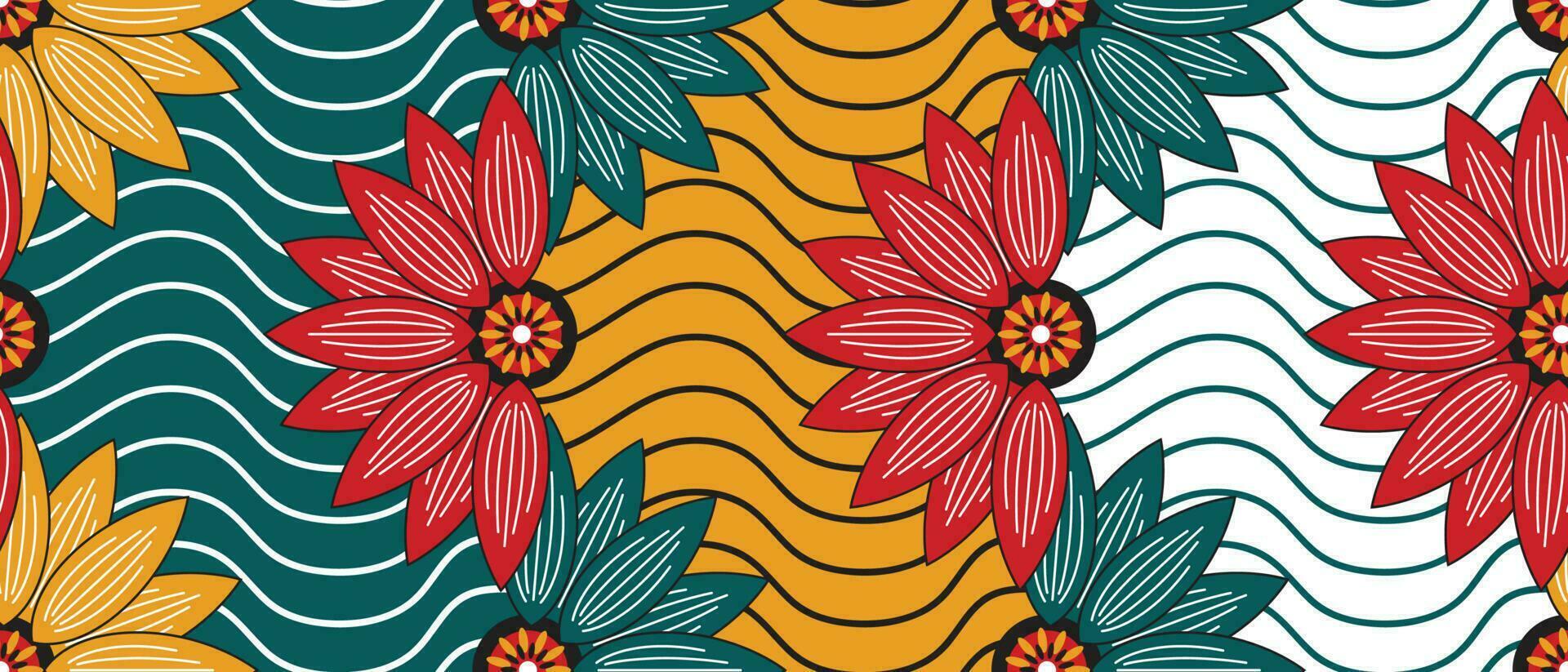 afrikanisch ethnisch traditionell Muster. nahtlos schön kitenge, chitenge, Ankara Stil. Mode Design im bunt. Rot, Grün, Gelb Blume Motiv. kurvig Welle Ankara Drucke, afrikanisch Wachs druckt vektor