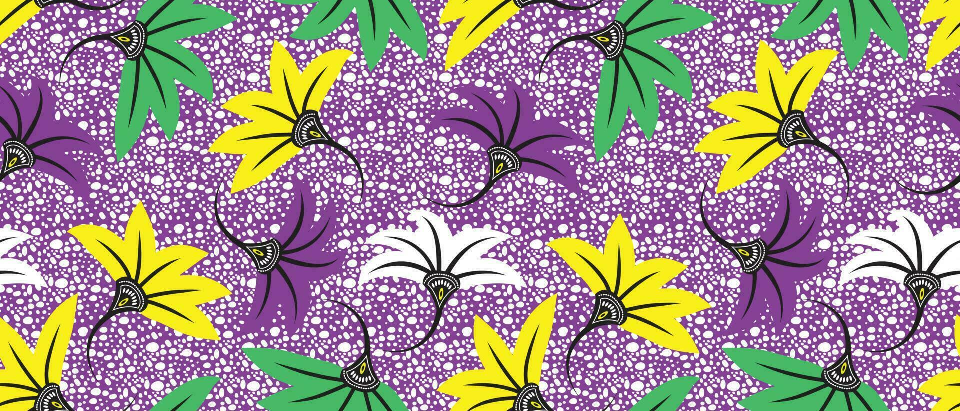 afrikanisch Wachs drucken Muster. nahtlos schön Blumen- kitenge, chitenge, Niederländisch Wachs, und Angara Stil. Mode Design im bunt. botanisch Blume auf lila Hintergrund. afrikanisch Wachs drucken Stoff. vektor