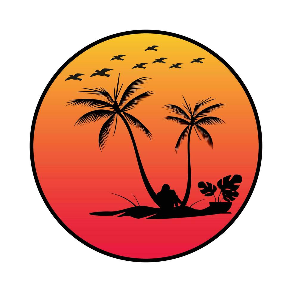 tropisch Sonnenuntergang mit Palme Bäume Logo, allein Männer Vektor Illustration