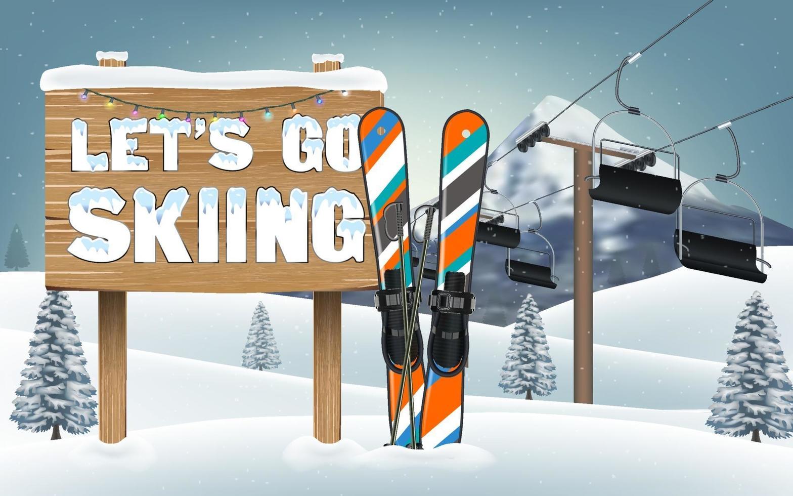 Lass uns Skifahren Holzbrett Schild und Skiausrüstung gehen vektor