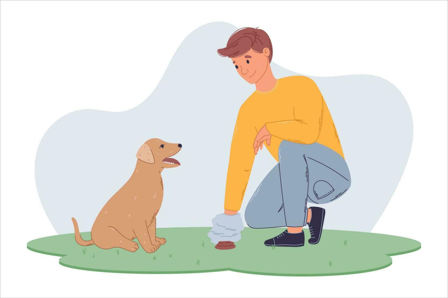 sauber oben nach Ihre Haustier Konzept. Vektor eben Illustration von ein jung Mann Gehen ein Hund auf das Gras. ein Person Reinigung Kot im ein Plastik Tasche.