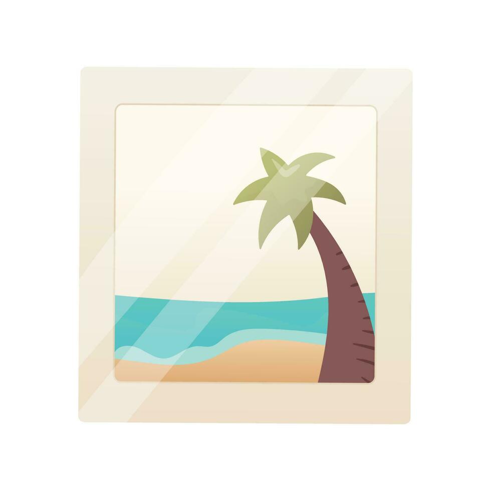 vektor illustration av en semester Foto kort med en strand landskap av de hav och handflatan träd.