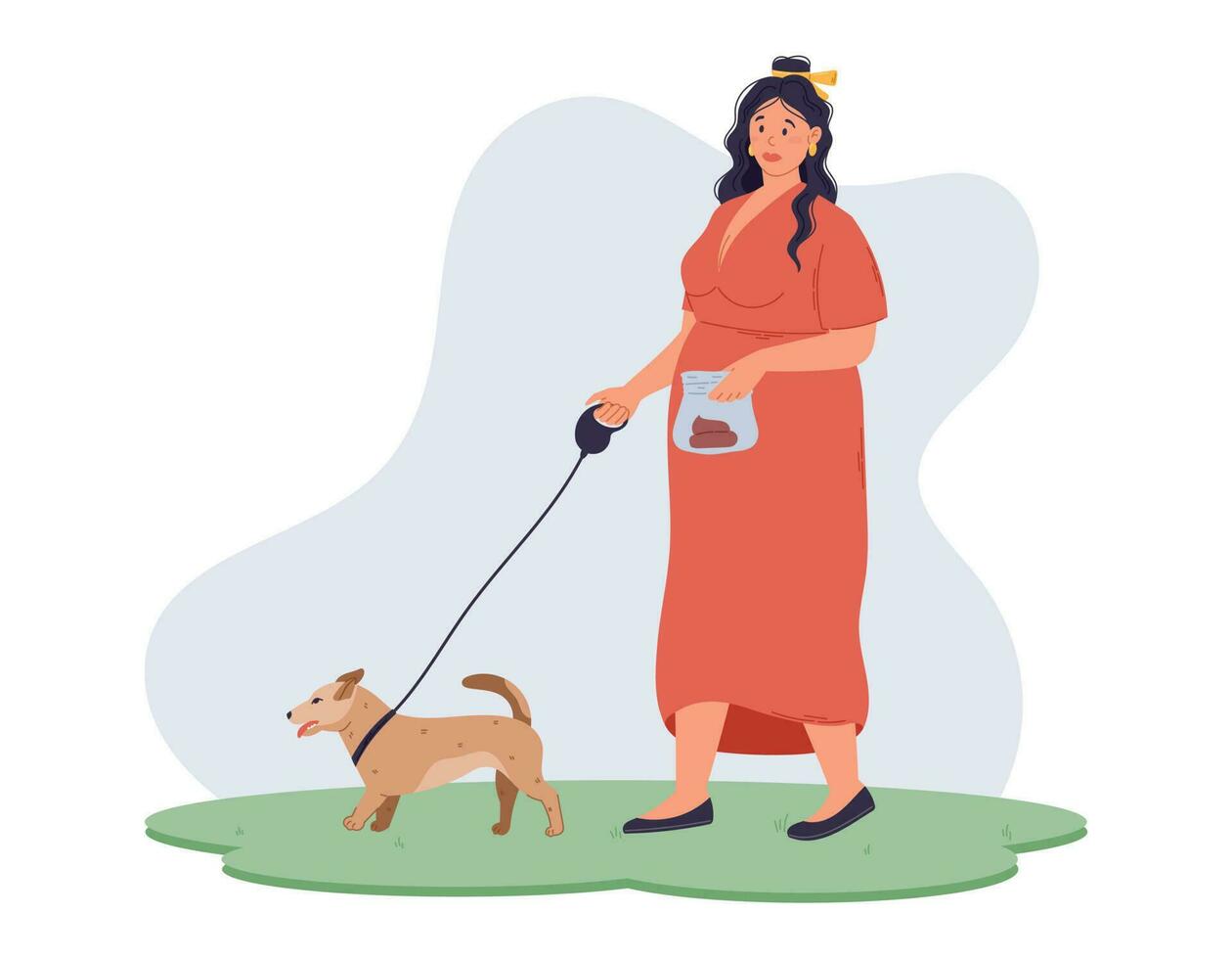 sauber oben nach Ihre Haustier Konzept. jung Übergewicht Frau Gehen ihr Hund auf ein Leine auf das Gras und halten Kot im ein Plastik Tasche. Vektor eben Illustration.