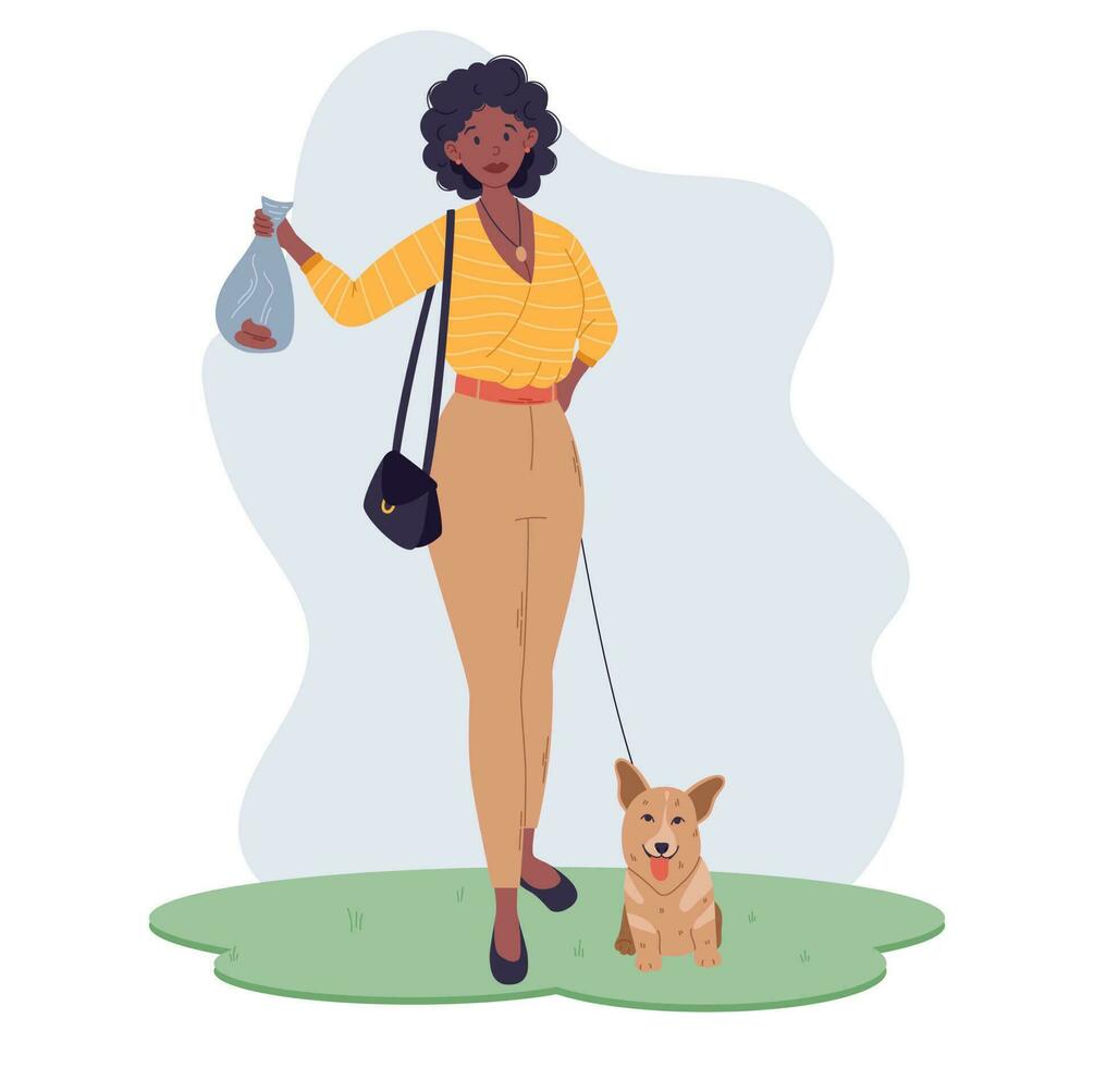 rena upp efter din sällskapsdjur begrepp. platt ung svart kvinna gående en hund på en koppel på de gräs och innehav en plast väska av träck. tecknad serie vektor isolerat illustration.