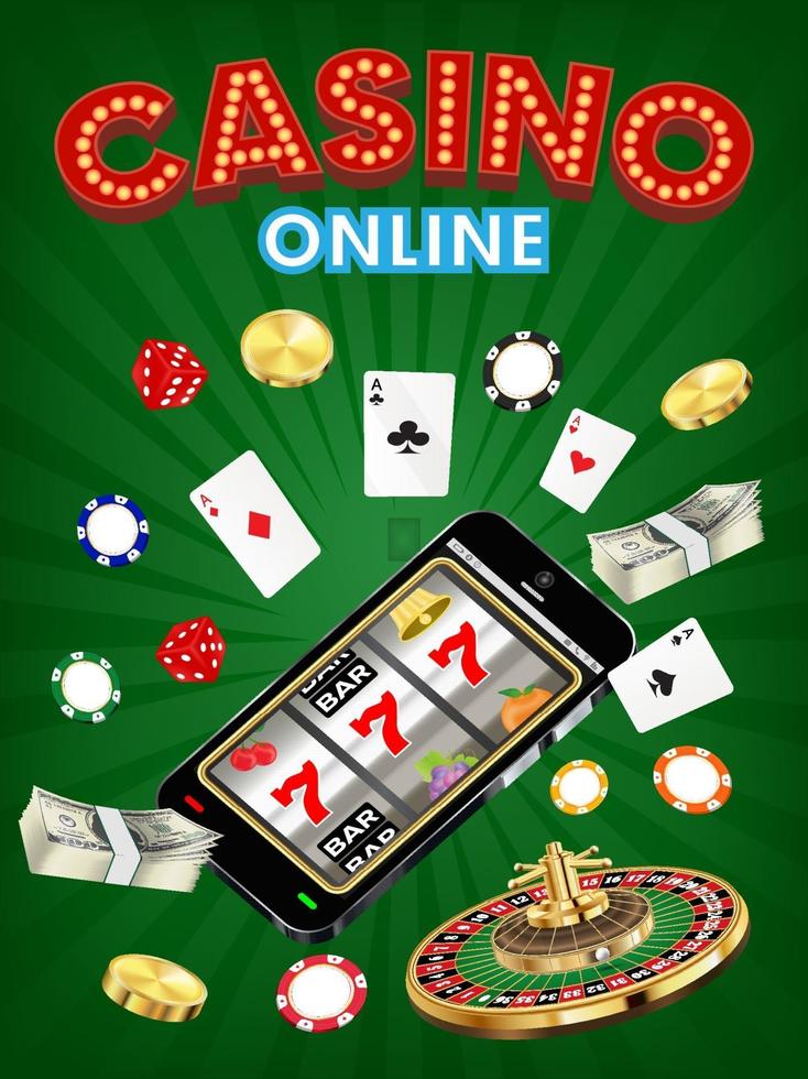 Casino Online Smartphone mit Würfeln, Karten und Roulette vektor