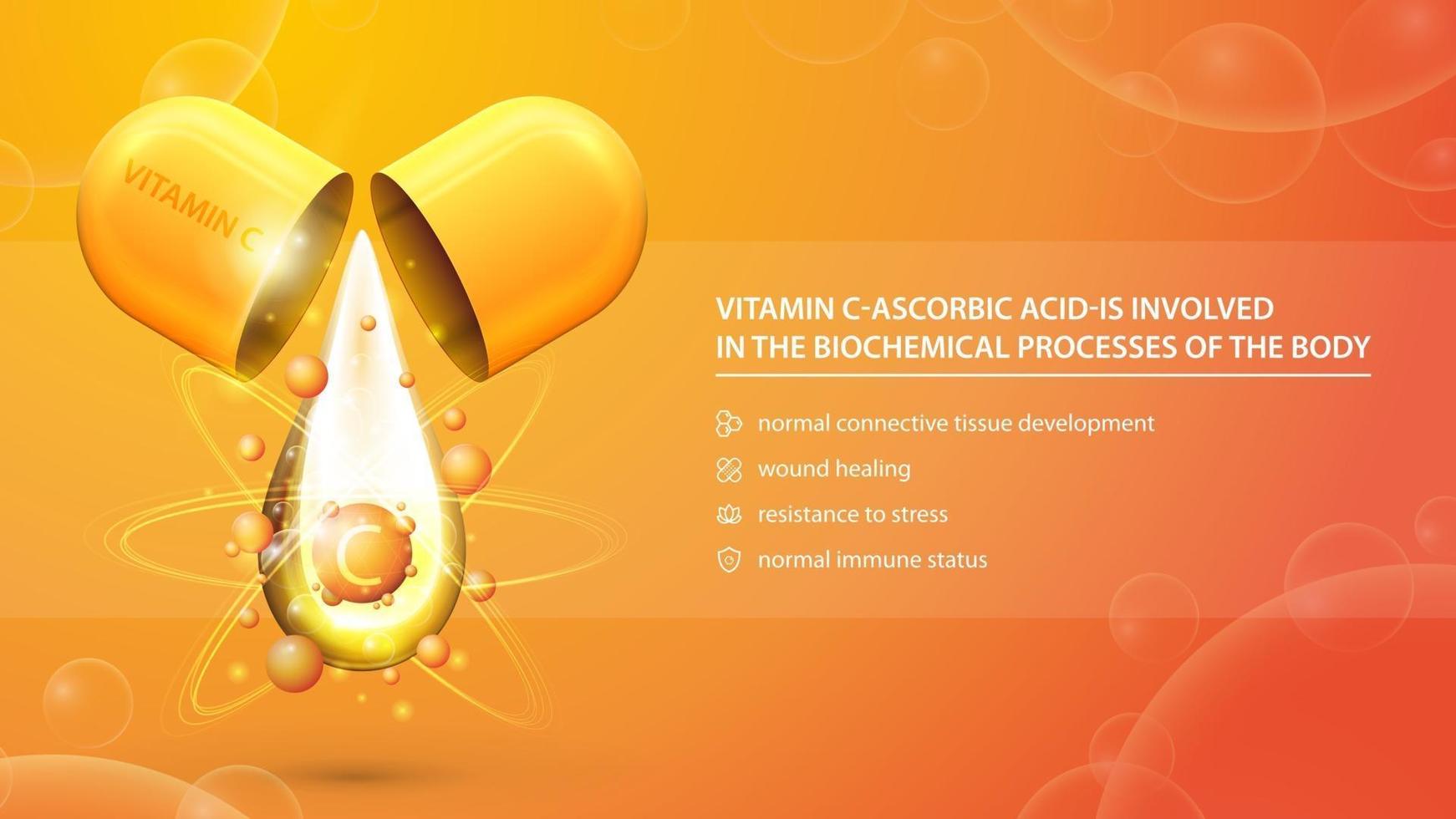 Vitamin C, orangefarbenes Informationsplakat mit Abstractpill-Kapsel mit Vitamin C-Tropfen und Liste der gesundheitlichen Vorteile vektor