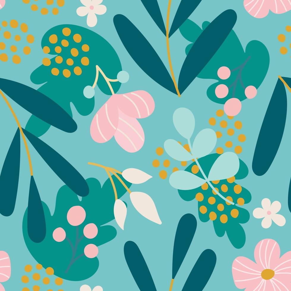 Pflanzen und Blumen auf einem hellen Hintergrund. Vektor nahtloses Muster im flachen Stil für Stoff, Verpackungspapier, Postkarten, Tapeten