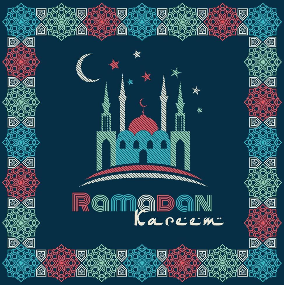 ramadan gratulationskortdesign med silhuetten av moskén och snygg text vektor