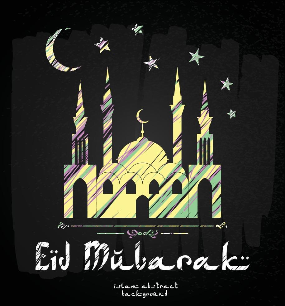 gratulationskortdesign med silhuetten av moskén och snygg text eid mubarak. vektor
