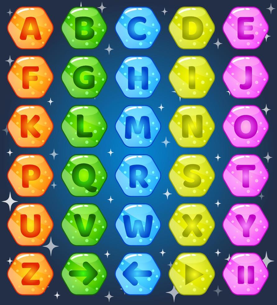 Hexagon runden Gelee Tasten az Alphabet Wörter Spiel. Vektor Illustration Symbol Satz. 2d Anlagegut zum Benutzer Schnittstelle gui im Handy, Mobiltelefon Anwendung oder beiläufig Video Spiel.