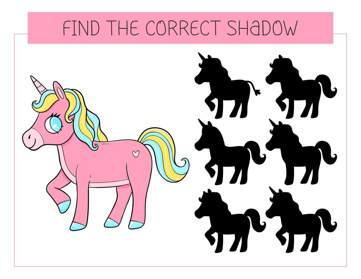 finden das richtig Schatten Spiel mit Einhorn. lehrreich Spiel zum Kinder. süß Karikatur Pferd Einhorn. Schatten passend Spiel. Vektor Illustration.