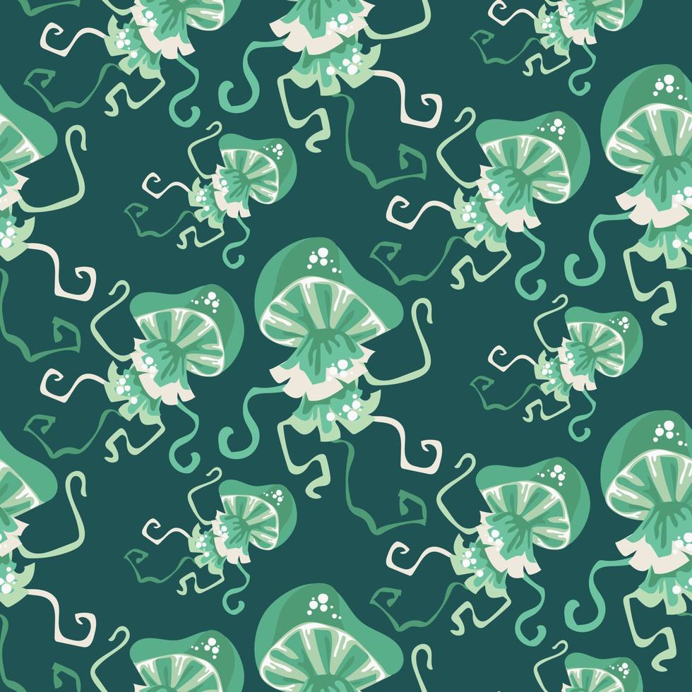 Vektor drucken mit ein nahtlos Muster von ein Grün Qualle auf ein dunkel Hintergrund. Qualle schwimmen im anders Richtungen. Design von Vektor Abbildungen zum modisch Stoffe, Textil- Grafik, druckt