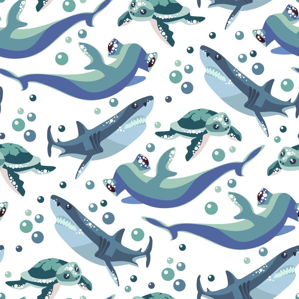 Vektor nahtlos Muster mit Hammerkopf, gewöhnliche Hai und Schildkröten mit Blasen. süß Tiere sind Schwimmen überall. Design von Vektor Abbildungen zum modisch Stoffe, Textil- Grafik, druckt