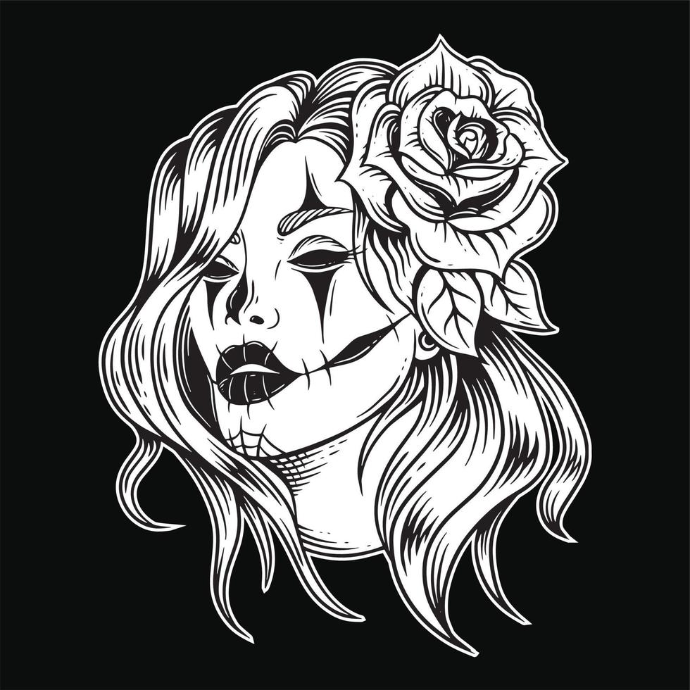 socker skalle flicka muertos flicka ansikte med blomma ro målning lady årgång stil illustration vektor