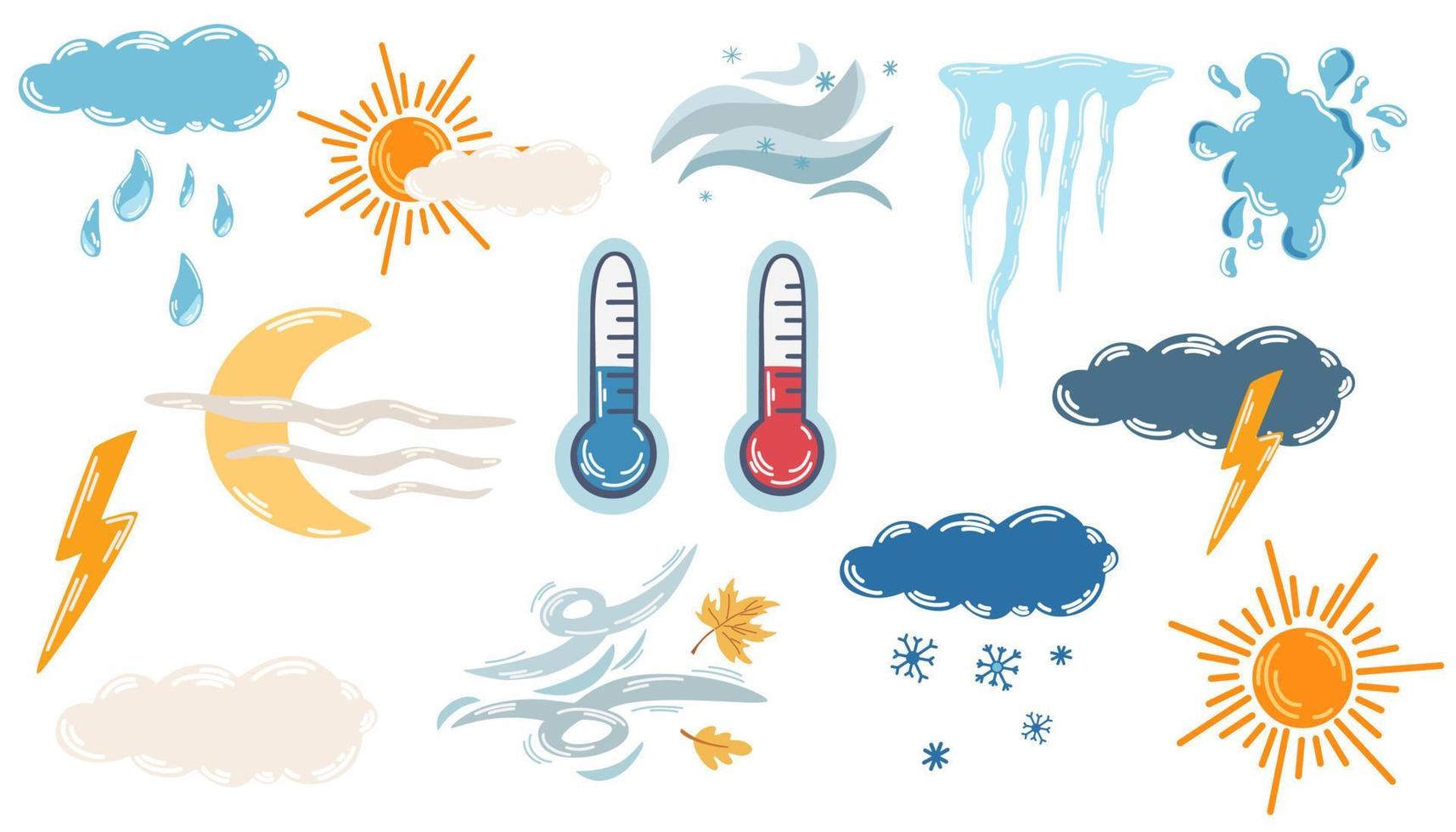 väder tecken uppsättning. väder prognos. färgrik väder, klimat, prognos, stjärnor ikoner. himmel, moln, meteorologi. vektor illustration för märka, logotyp, emblem, symbol.