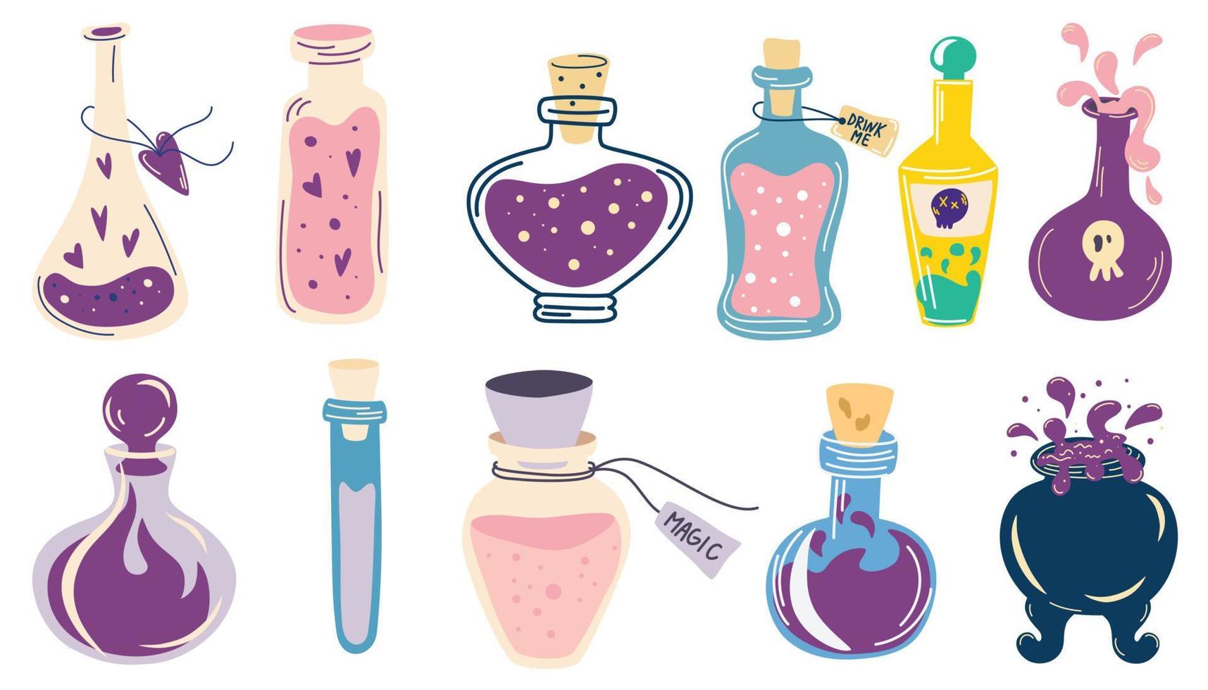 magi potions uppsättning. magi affär, trolldom Tillbehör. spel rekvisita. tecknad serie vektor illustration av annorlunda form glas burkar, magi elixir. alkemi design element. esoterisk mystiker.