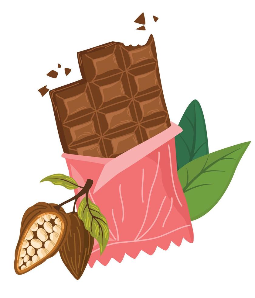 choklad bar och kakao bönor, löv. värld choklad dag. idealisk för utskrift, Produkter, vykort. tecknad serie vektor illustration isolerat på de vit bakgrund.