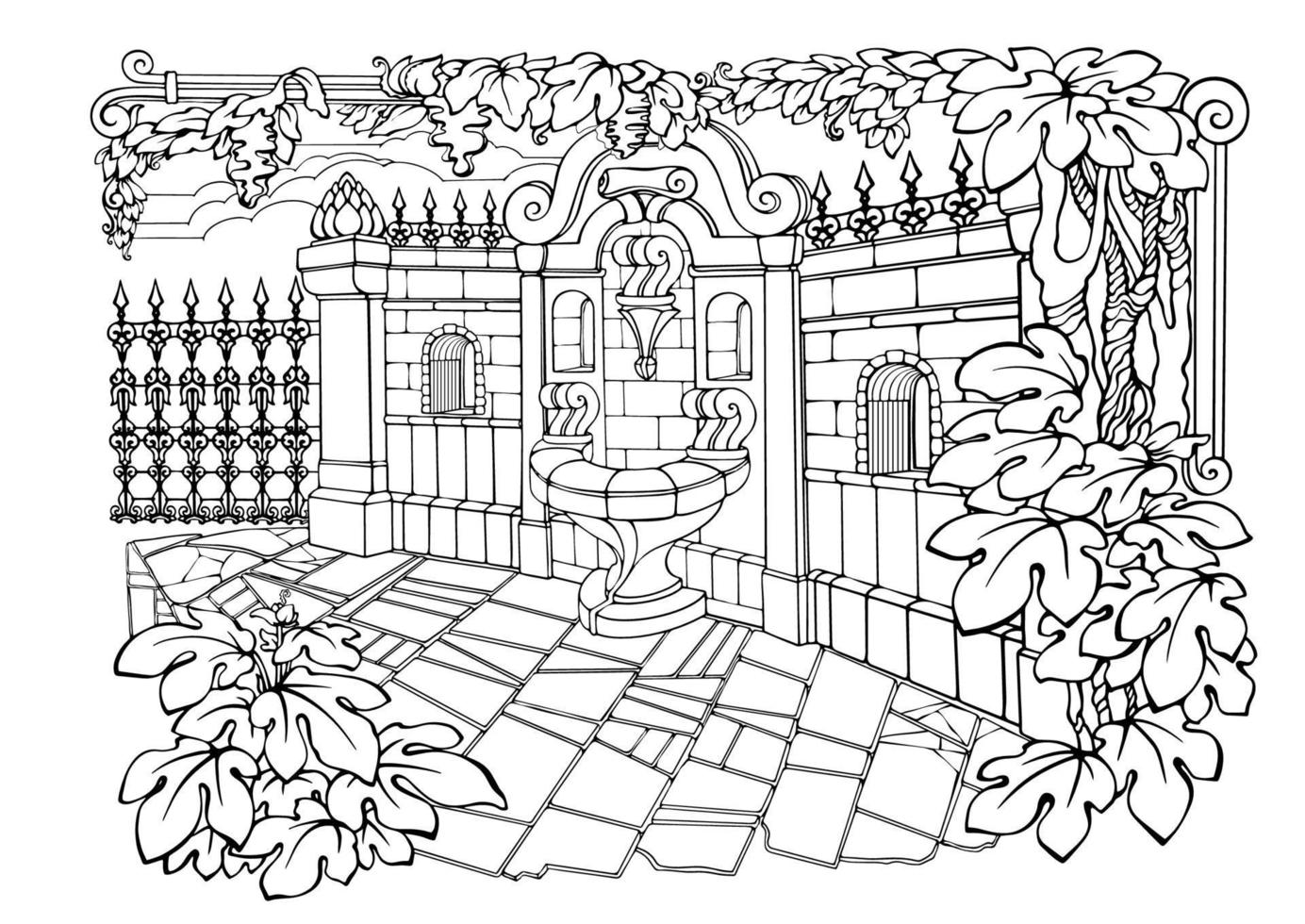 romantisk hemlighet trädgård. färg sidor. freehand linjär vektor illustration.