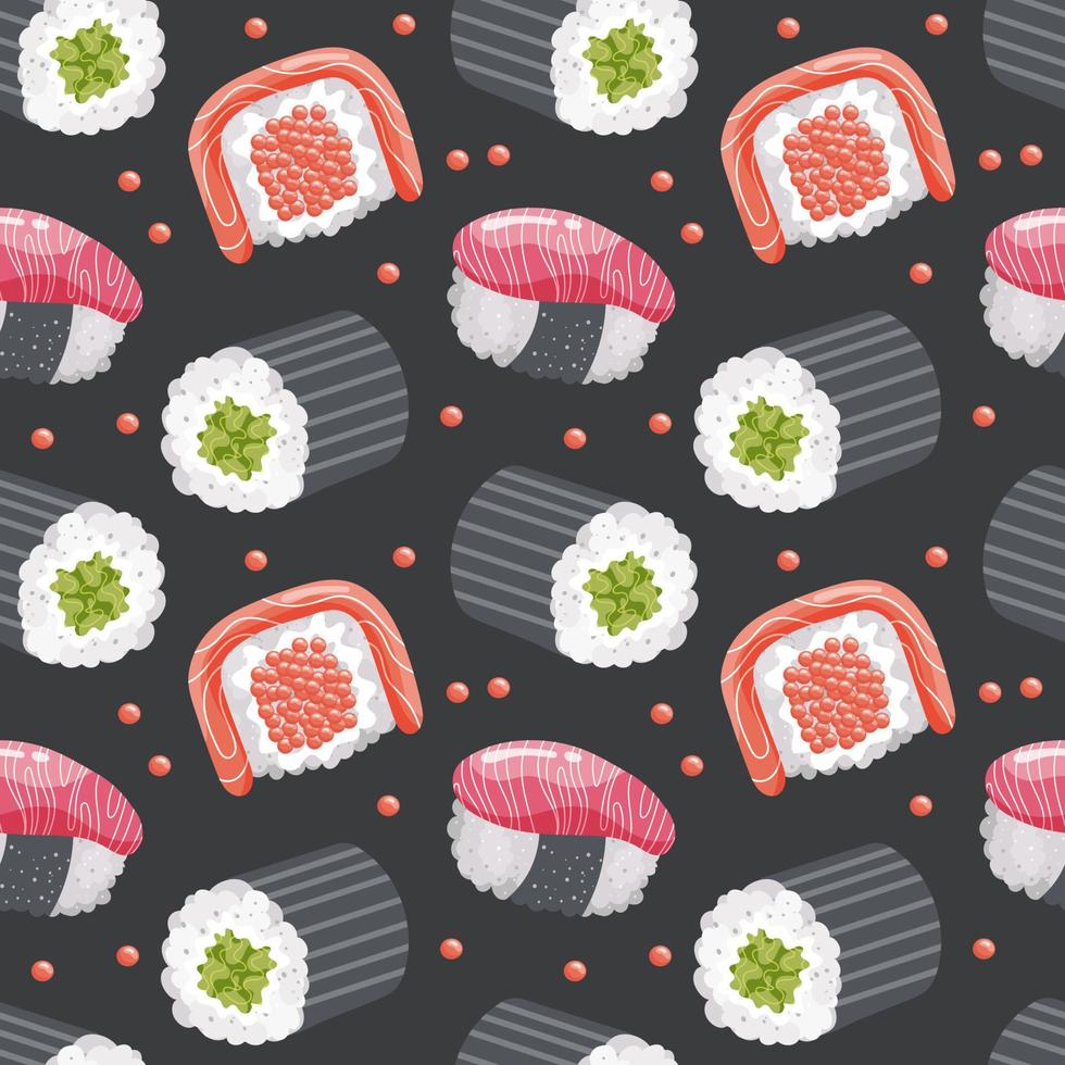 nahtlos Muster mit Sushi und Garnelen auf ein dunkel Hintergrund. bunt Essen Hintergrund, Restaurant Speisekarte, Vektor