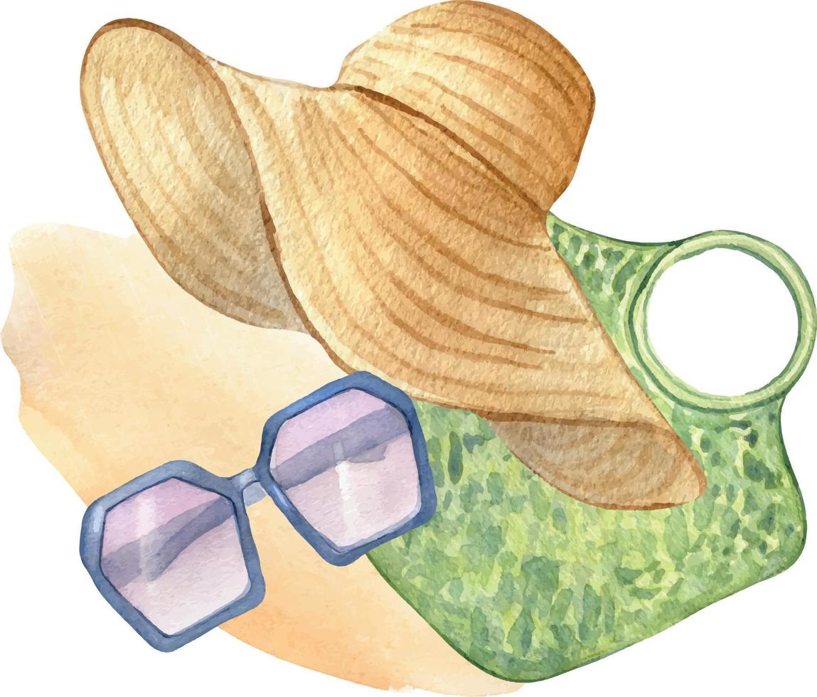 Komposition von Frau Sommer- Zubehör Aquarell Illustration isoliert auf Weiß. Strand Stil von Tasche, Stroh Hut, Brille Hand gezeichnet. Design zum Geschäft, Verkauf, Zeitschrift, Verpackung, Vitrine, Muster vektor