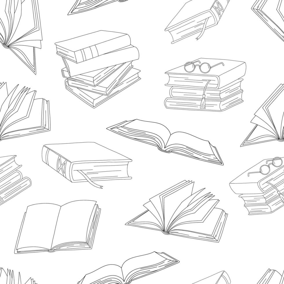 vektor linje sömlös mönster. böcker med bokmärke, öppen bok på vit