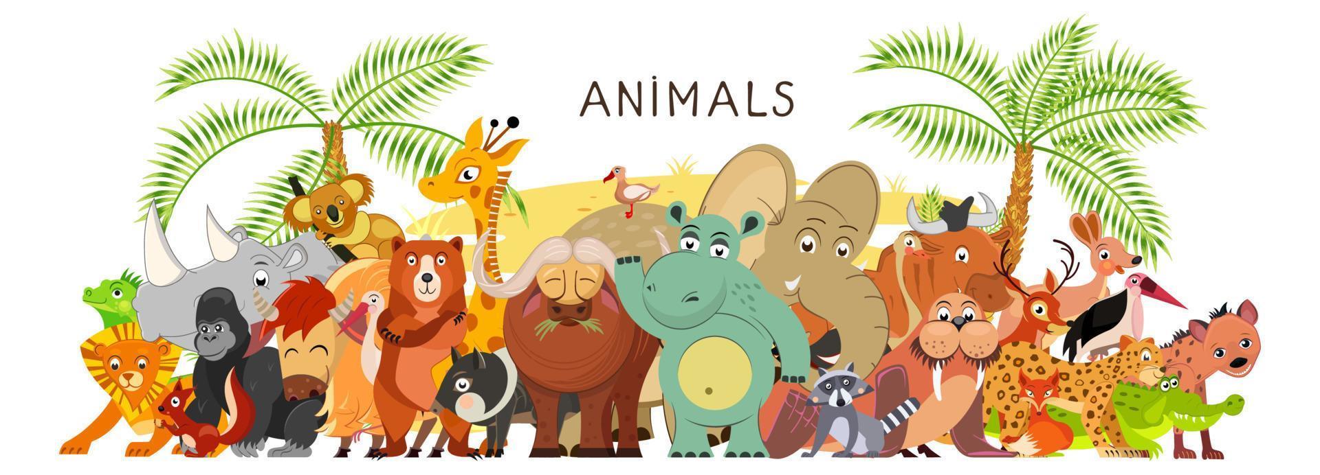 groß Gruppe von Tiere im Karikatur eben Stil Stand zusammen. Welt Fauna. Vektor Illustration