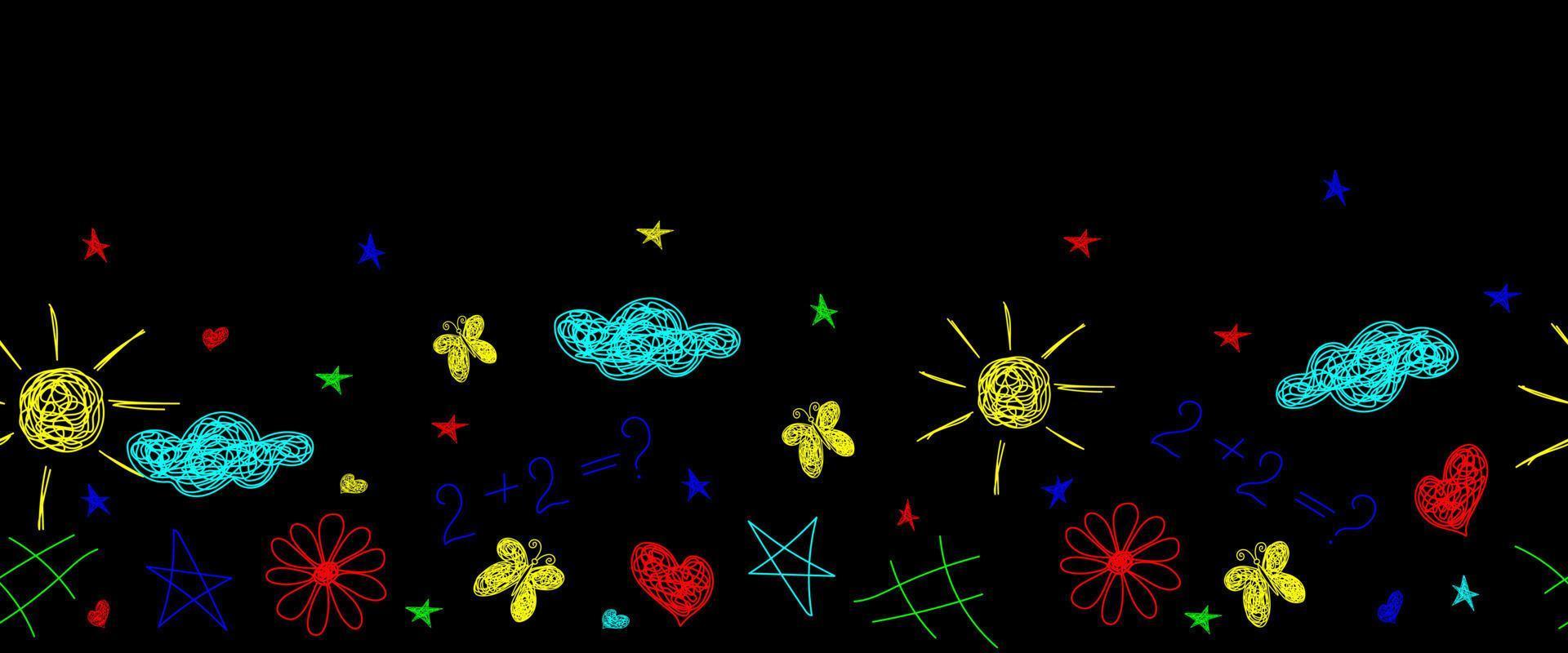 sömlös gräns med blommor, Sol, moln, fjäril, stjärnor, hjärtan, på svart bakgrund. vektor