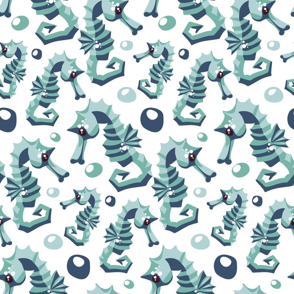 Vektor drucken mit nahtlos Muster von Seepferdchen auf das Hintergrund von Meer Blasen. Seepferdchen schwimmen im anders Richtungen. Design von Vektor Abbildungen zum modisch Stoffe Textil- Grafik druckt