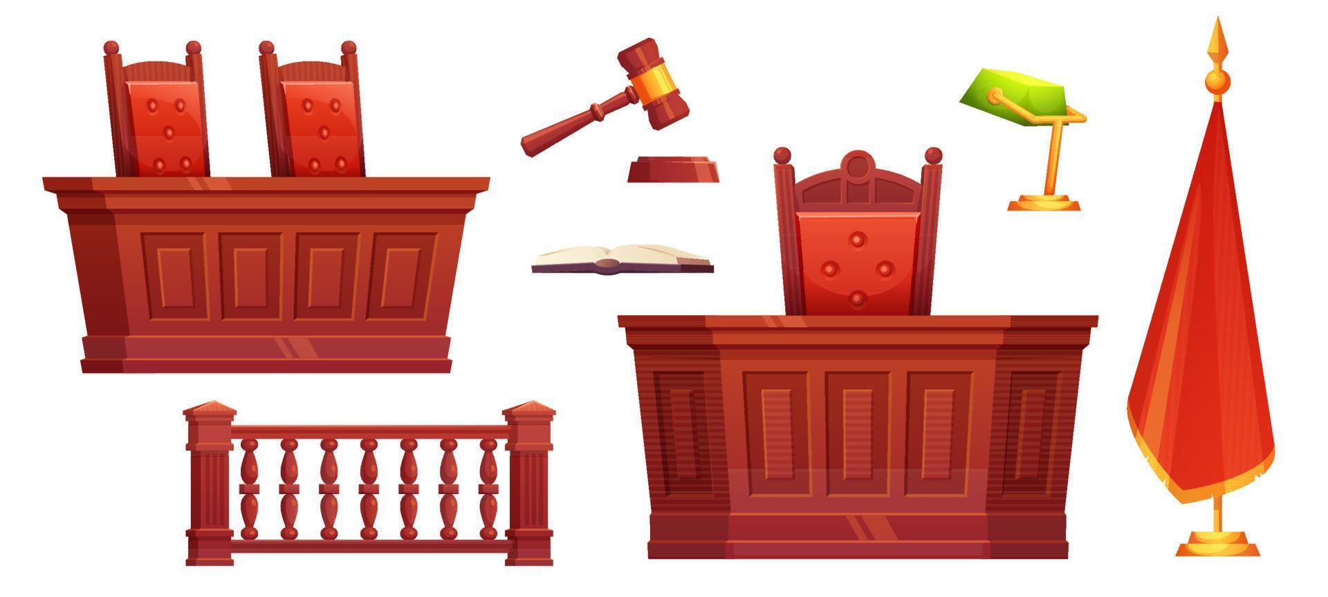 tecknad serie domstol rum interiör uppsättning, rättegång möbel vektor