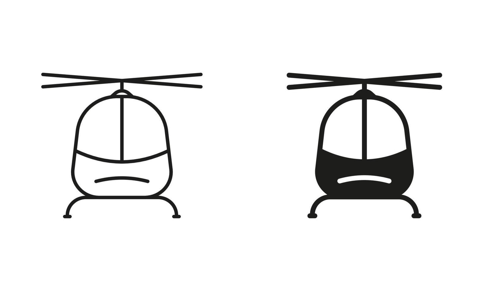 Hubschrauber Linie und Silhouette schwarz Symbol Satz. Luftfahrt Transport Piktogramm. Militär- Hubschrauber Gliederung und solide Symbol Sammlung auf Weiß Hintergrund. Hubschrauber unterzeichnen. isoliert Vektor Illustration.