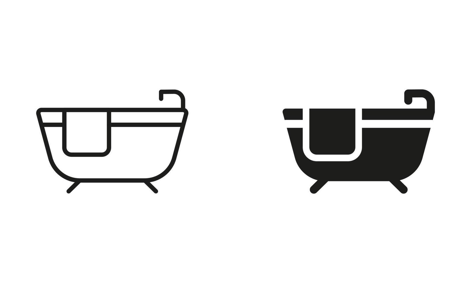 Bad Silhouette und Linie Symbol Satz. Badewanne mit Zapfhahn und Handtuch schwarz Piktogramm. Badezimmer Symbol Sammlung. isoliert Vektor Illustration.