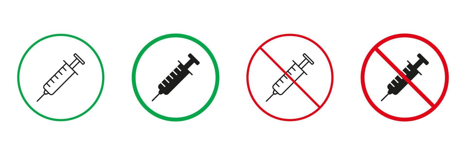 spruta läkemedel röd och grön varning tecken. anti vax, mot vaccination linje och silhuett ikoner uppsättning. tillåten och förbjuden område för injicera, doping zon piktogram. isolerat vektor illustration.