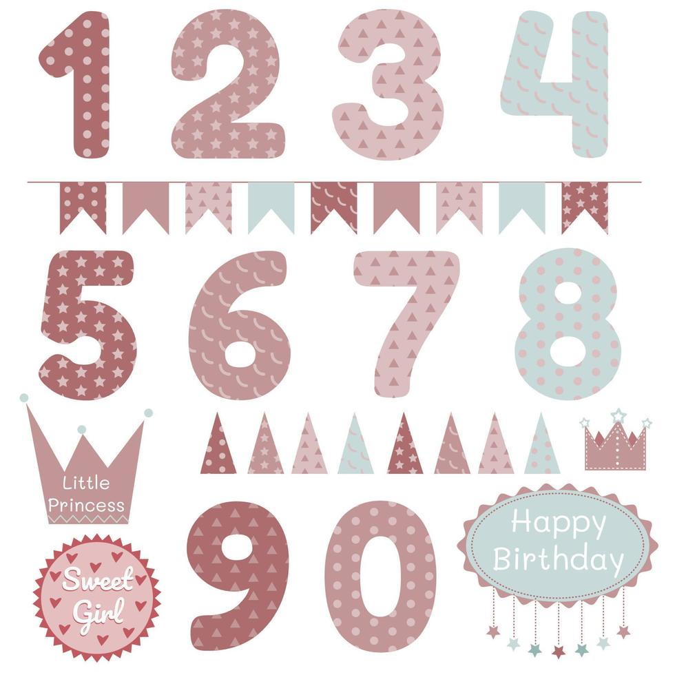 Vektor einstellen zum glücklich Geburtstag zum Mädchen mit Zahlen und Text