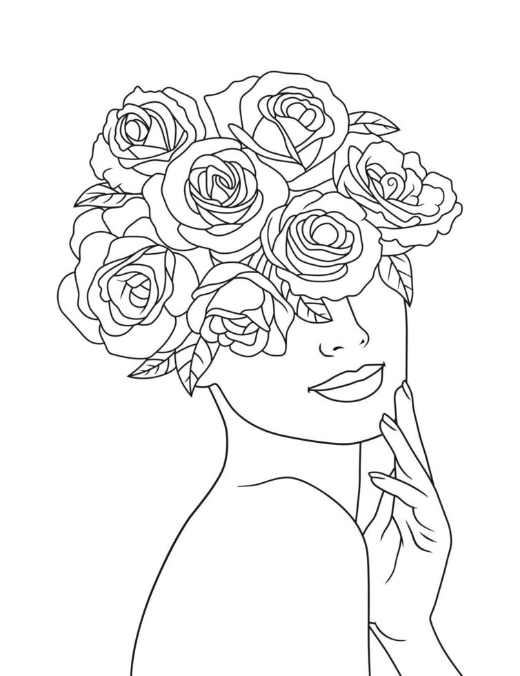 blomma huvud, feminin illustration linje teckning. kvinnor ansikte med blommor linje konst vektor