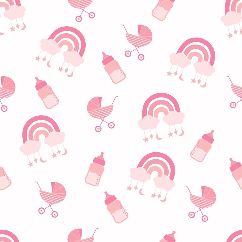 Sammelalbum nahtlos Hintergrund. Rosa Baby Dusche Muster. süß drucken mit Baby Wagen, Milch Flasche und Regenbogen vektor