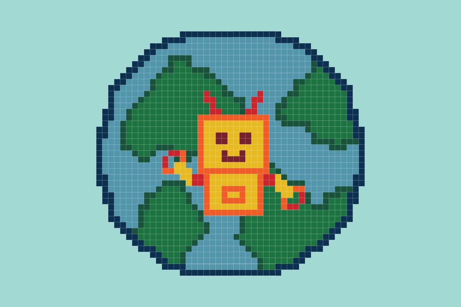 süß Pixel Karikatur 8 bisschen Charakter Roboter oder ai auf Erde Welt Pixel Kreuz Stich Stil können Plaudern lernen ai Technologie Roboter zum Bildung Berechnung Plaudern bot Vektor. vektor