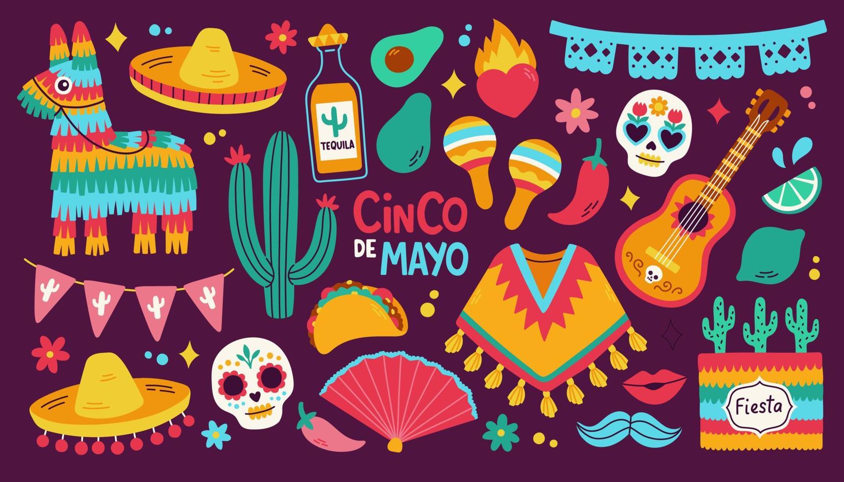 cinco de Mayo Aufkleber Satz, kann 5, Bundes Urlaub im Mexiko. Fiesta Banner und Poster Design mit Flaggen, Blumen, Dekorationen. Vektor Illustration