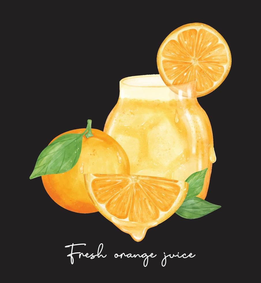 sammansättning uppsättning av färsk hemlagad orange juice med frukt vattenfärg illustration vektor isolerat på svart bakgrund.