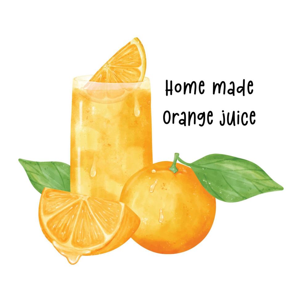 einstellen von ein Glas von frisch hausgemacht Orange Saft mit Orange Obst Aquarell Illustration Vektor isoliert auf Weiß Hintergrund.