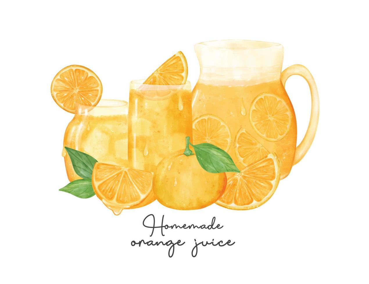uppsättning av glasögon av färsk hemlagad orange juice med orange frukt sammansättning vattenfärg illustration vektor isolerat på vit bakgrund.