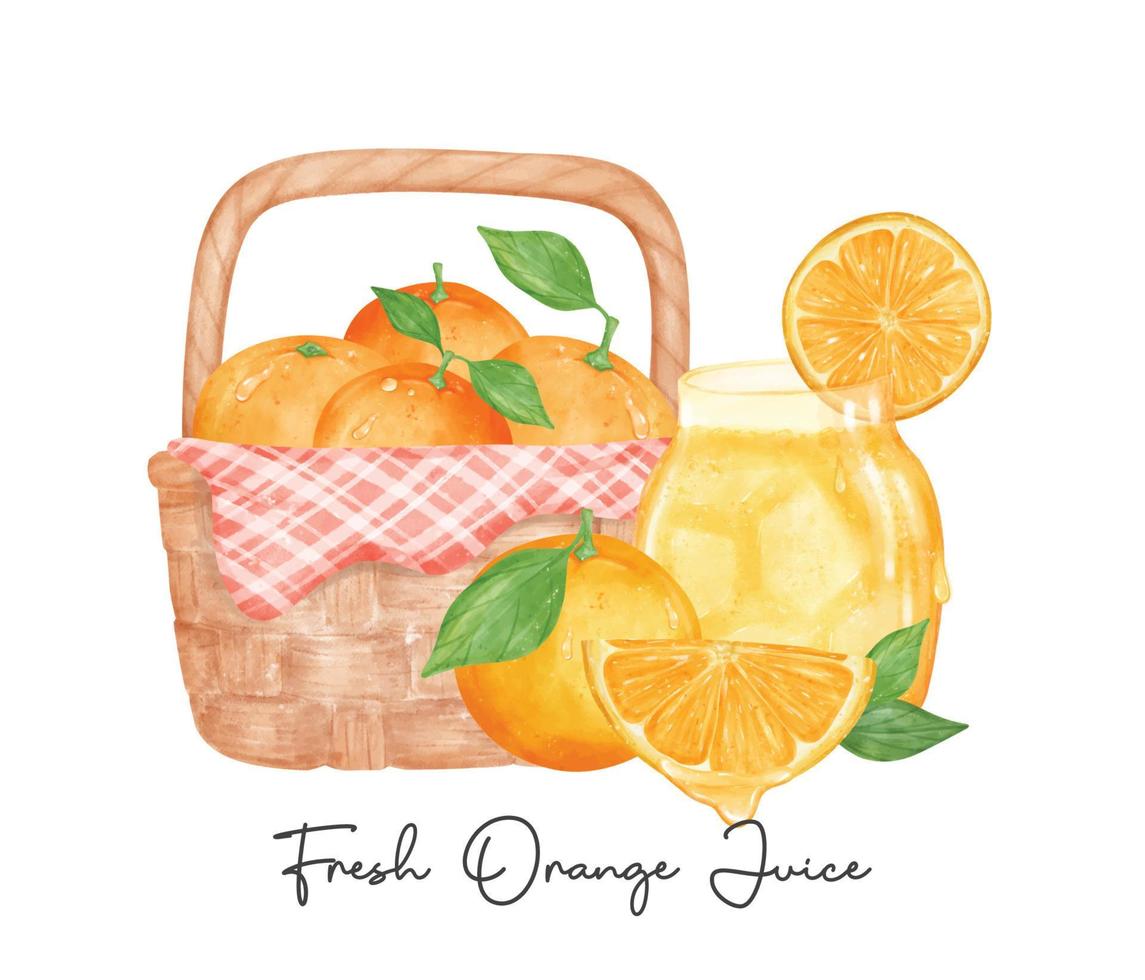 einstellen von frisch hausgemacht Orange Saft Glas und Obst im Korb Aquarell Illustration Vektor isoliert auf Weiß Hintergrund.